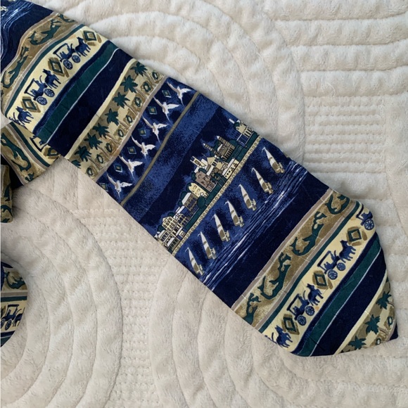 Silk Italian Nautical Themed Blue Tan Silk Tie - Picture 2 of 12